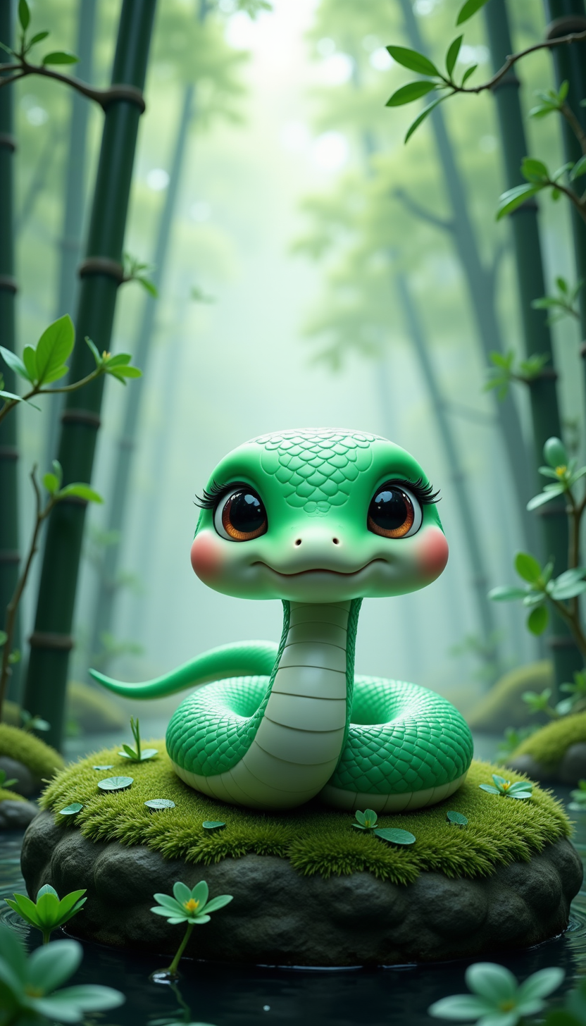 pinkchibisnakeyear,
A jade-green snake lying on a mossy rock, surrounded by mist and towering bamboo stalks, mystical and serene forest atmosphere.