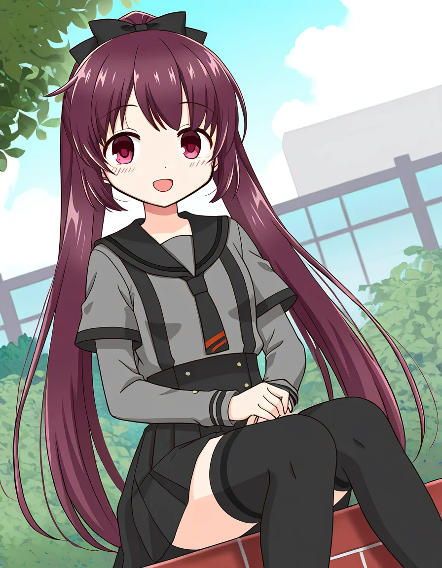 masterpiece, best quality, newest, absurdres, highres, safe, 1girl, amane tsukasa \(school uniform\), magia record: mahou shoujo madoka magica gaiden, thighhighs, solo, sitting, open mouth, outdoors, dutch angle, <lora:amane_tsukasa_noobaiXLNAIXL_vPred10Version:0.7>