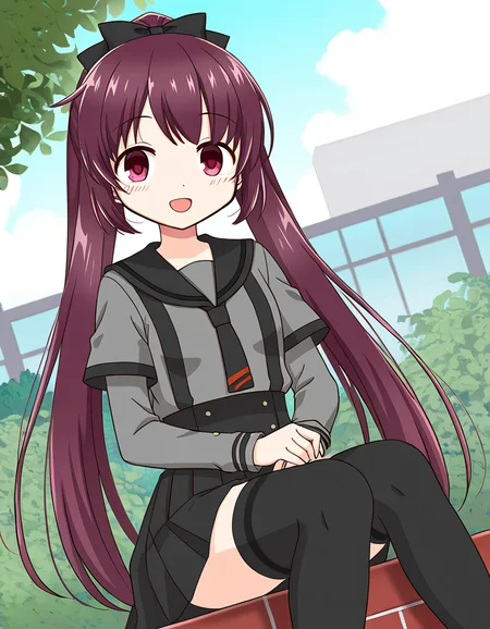 masterpiece, best quality, newest, absurdres, highres, safe, 1girl, amane tsukasa \(school uniform\), magia record: mahou shoujo madoka magica gaiden, thighhighs, solo, sitting, open mouth, outdoors, dutch angle, <lora:amane_tsukasa_noobaiXLNAIXL_vPred10Version:0.7>