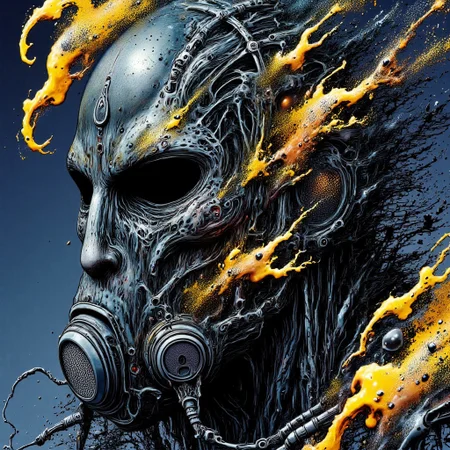 Zombie soldier wearing a biohazard gas mask, black and gold filigree, navy and gold vapor swirls, details in details
