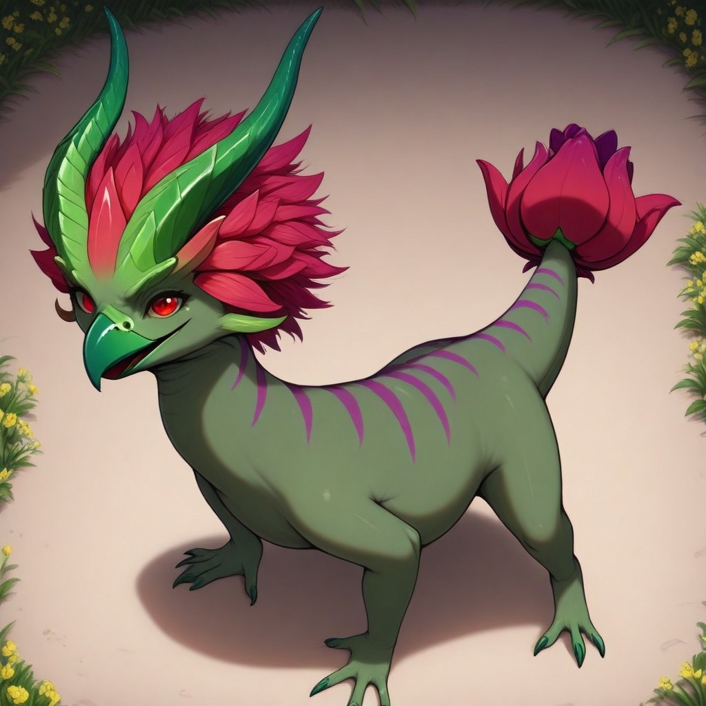 Rating: safe, masterpiece, best quality, amazing quality, highres, absurdres, Gaula, 1animal, sharp beak, red tail tip, flower bud tail, tapered tail tip, green horns, horns pointing forward, dark green skin, thick purple stripes, short neck, (raschen, small, chubby, small feet, short, short legs), red head mane, thick head mane, red back spikes,
high angle,