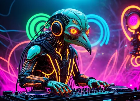 Ombre color scheme of neon orange, neon pink, neon blue, neon yellow, neon green, biomechanical cyberpunk psychedelic style cute weird (alien|penguin) creature DJing (at a rave:1.1) (giant speakers:1.2) (crowd distant background:1.15) (bokeh volumetric lighting, fog:1.1) <lora:fx-monsters:0.35> fx-monsters <lora:add-detail-xl:1> <lora:sss:0.8> <lora:xl_more_art-full_v1:0.35> <lora:The_Dark_Side_Of_The_Future:0.25> <lora:vibracol:0.5> vibracol, subsurface scattering, Photorealistic, Hyperrealistic, analog style, realistic, film photography, soft lighting, heavy shadow . vibrant colors, swirling patterns, abstract forms, surreal, trippy . cybernetics, human-machine fusion, dystopian, organic meets artificial, dark, intricate, highly detailed