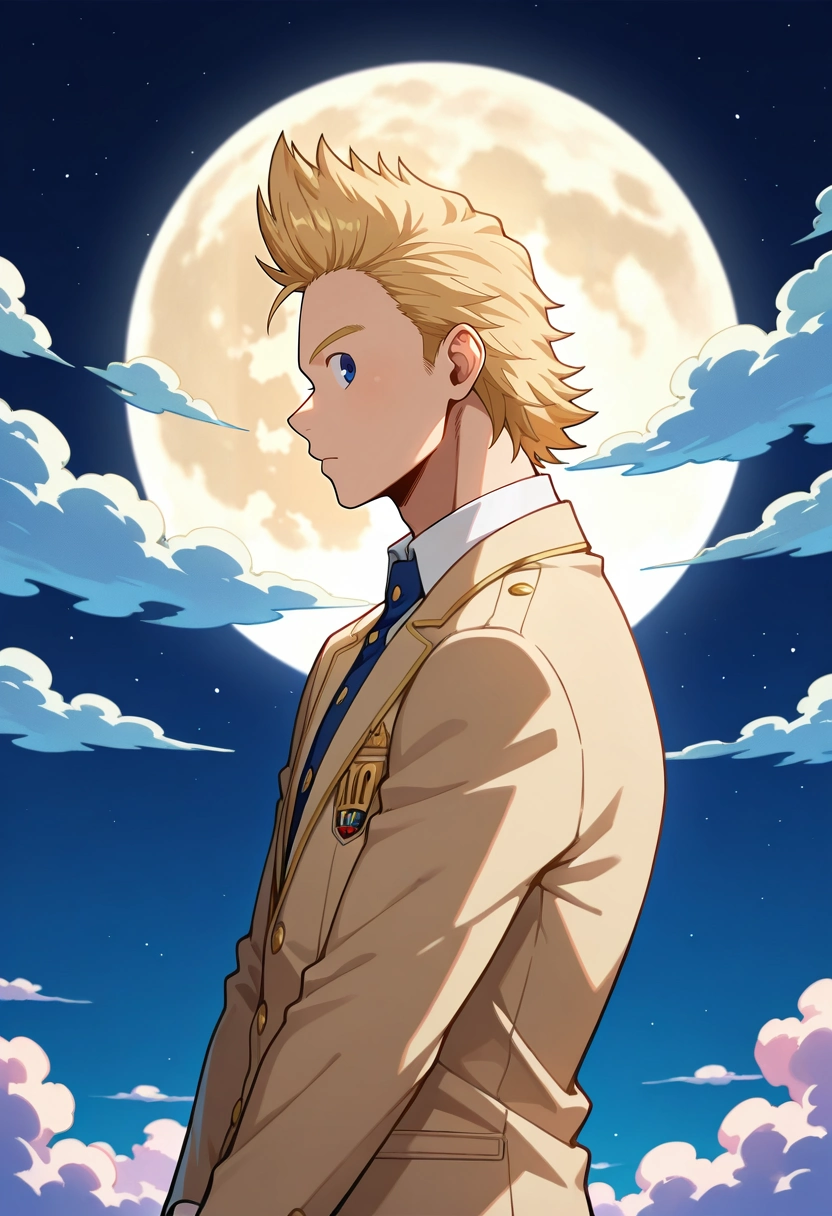 masterpiece, best quality, , , looking at viewer, 1boy, solo, male focus, <lora:mirio_toogata_ilxl:0.98>, mirio_toogata, blonde hair, blue eyes, short hair, spiked hair, , profile, heaven, clouds, night, full moon, v arms, distracted, aloof, oblivious, blazer,