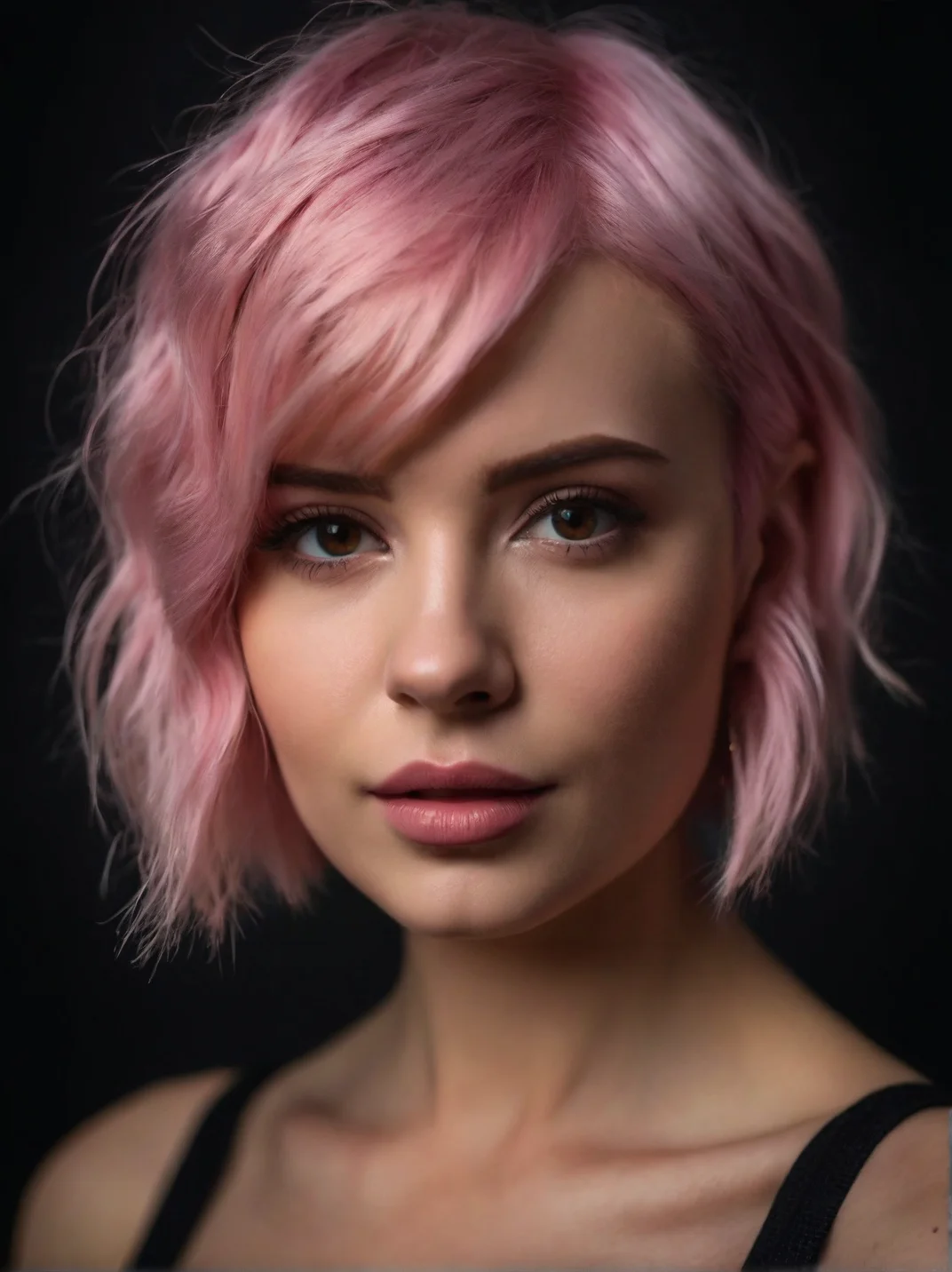 Cinematic fashion photograph portrait of Myroslava_Medved_P_MXAI_SDXL , sad expression, extreme closeup shot, black background,, (((Ultra-HD-details, Ultra-HD-detailed, Ultra-HD-realistic, Ultra-HD-photo-same-realistic-quality-details)))