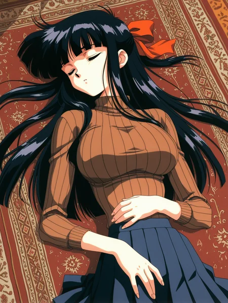 1girl, large breasts, (skinny:1.2), black hair, blunt bangs, long hair, 1990s \(style\),
hair ribbon, brown sweater, ribbed sweater, pleated skirt, sleeping, carpet, upper body
,masterpiece,best quality,amazing quality,