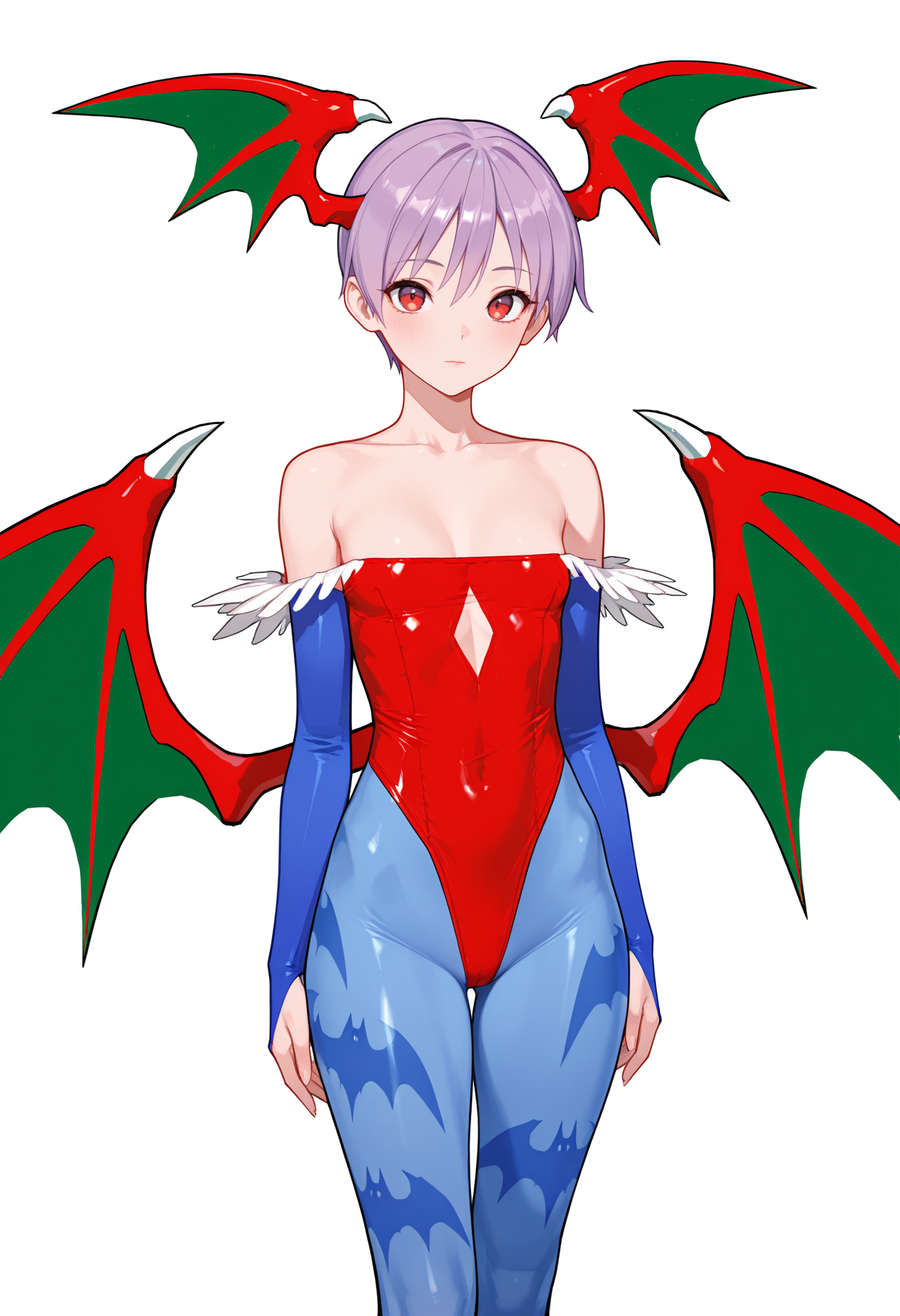 masterpiece, best quality,
1girl, solo, 
standing, 
looking at viewer, 
<lora:lilith_aensland:1> l1l1th, lilith aensland, wings, head wings, bat wings, short hair, red eyes, purple hair, flat chest, small breasts, demon girl, collarbone, 
blue pantyhose, red leotard, bat print, bare shoulders, bridal gauntlets, 
simple background, white background,