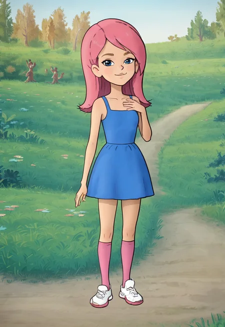 score_7, score_8, score_9, solo female, well drawn, detailed, 2d, flat colours, vector, line art, cartoon, 1girl, shorty girl, well drawn, detailed , prostokvashino, cartoon, olya, pink hair, bangs, snub nosed, huge blue eyes, eyelashes, thin hands, thin girl, thin legs, fit brawny body, perfect hands, perfect face, full body, smug smile, blue sundress, pink knee socks, white footwear, posing, 

outdoors, forest, looking at viewer, hand on chest, 