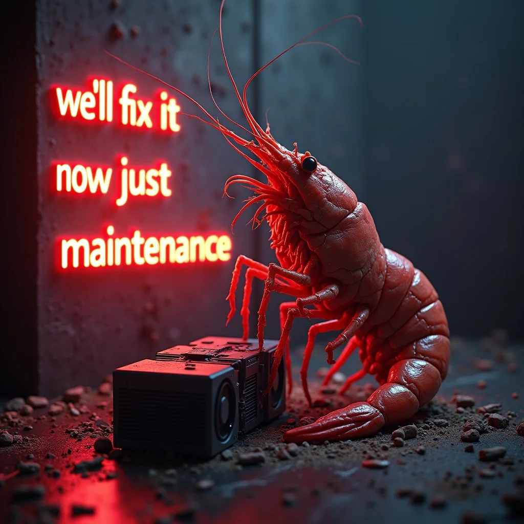 The shrimp is sitting there freaking out and throwing rtx 4090 and h100 video cards around, screaming. the big text with glowing fonts "we'll fix it now, just maintenance" is written along the outline of the image along the frame