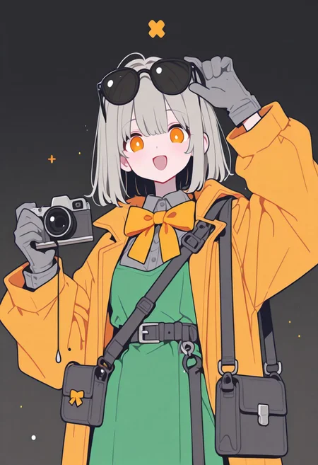 eyewear on head, gloves, 1girl, sfw, solo, hand up, yellow coat, camera for a head, yellow coat, belt, smile, white shirt, original character, bag, holding, looking at viewer, shirt, handbag with film spilling out of it, yellow bow, bow, open mouth, green dress, dress, yellow bowtie, grey gloves, grey shirt, bowtie, yellow bowtie, standing, bowtie on shirt