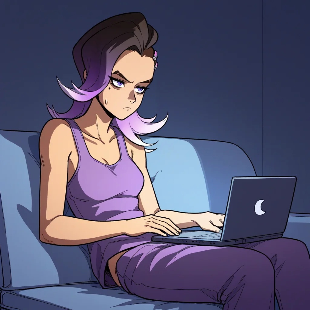 score_9, score_8_up, score_7_up, score_6_up, score_5_up, score_4_up, zPDXL2,source_anime,rating_questionable,solo, 1girl, cowboy shot, sweatpants, tank top, lounging, couch, bored, eyebags, sombra overwatch, <lora:Illuminated_By_Screen:0.8> Scr33nLum, laptop, sitting, dark,indoors, shadows, harsh lighting, night time,