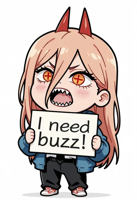 masterpiece, need_buzz, holding sign, power, power(chainsaw man),chibi,chibi style, 
1girl, solo, white background, shirt, powerdef, sharp teeth, cross-shaped pupils, blue jacket, long sleeves, white shirt, black necktie, black pants