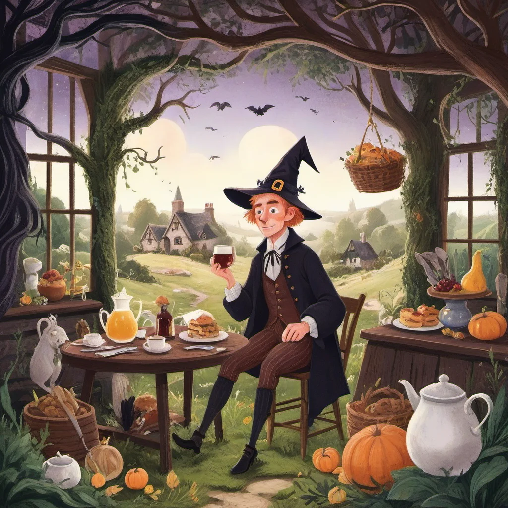 a British male in The Witch's Cottage landscape at Brunch time <lora:ILLUSTRE_v1:1>