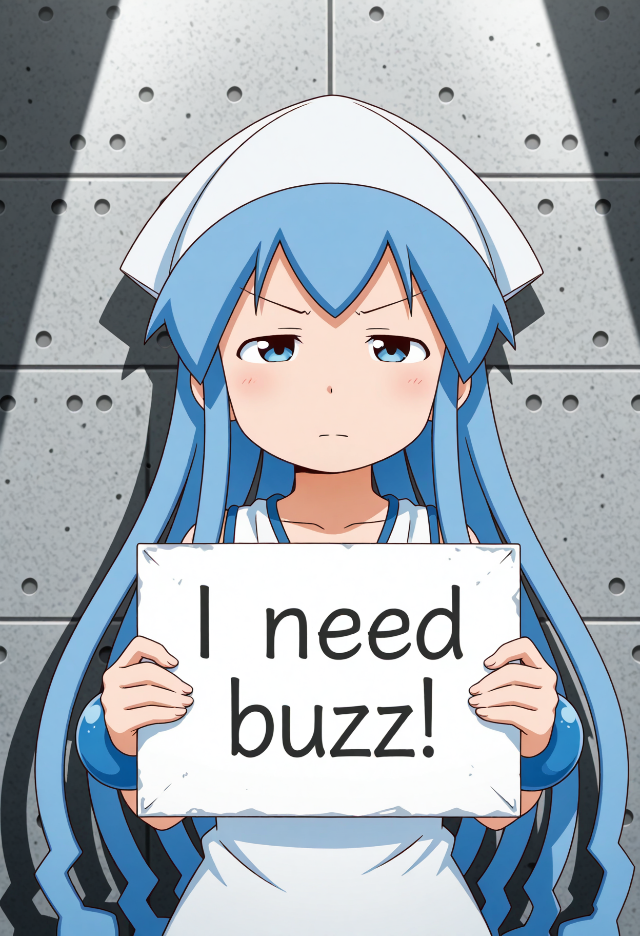 <lora:NeedBuzz_sign_Illustrious:0.8> need_buzz, holding sign, 
1girl, ikamusume, <lora:ikmsm_illustrious_v3:1> ikmsm, 
expressionless, (narrowed eyes:1.2), v-shaped eyebrows, 
standing, upper body,
Iron wall, shadow, spotlight,
general, masterpiece, best quality, very aesthetic, absurdres, anime coloring, <lora:dmd2_sdxl_4step:1>,
