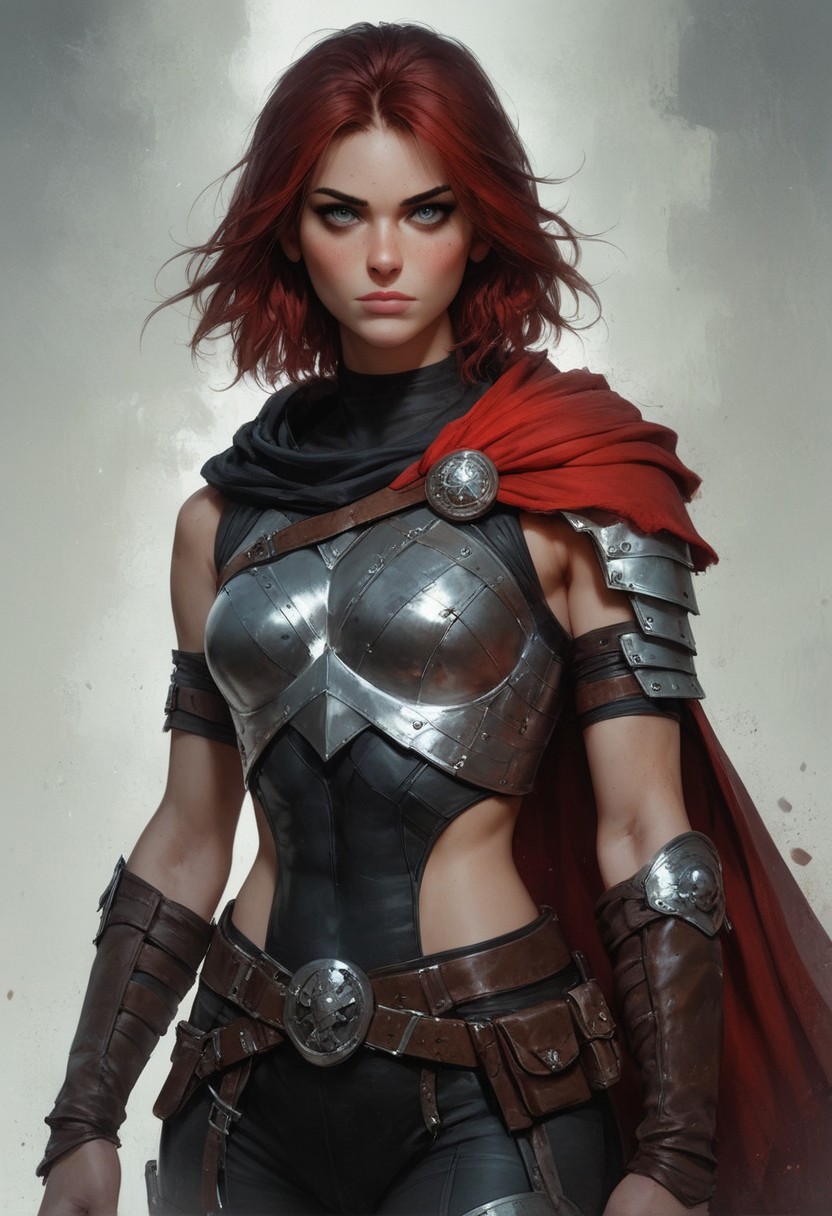 score_9, score_8_up, score_7_up, score_6_up, 1 woman, elf, rogue, mercenary, fantasy, young, gorgeous, extremely detailed, high quality, viking armour, viking outfit, realistic, beautiful grey eyes, medium sized breasts, black leather armour, red cloak and hood, thick red hair, short hair, dark theme, low light, from hip up, gloomy and misty background, (masterpiece, best quality, highly detailed, realistic),  muted color, closed mouth