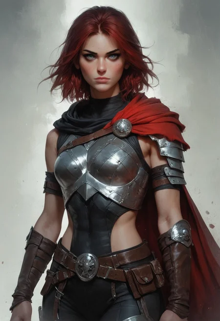 score_9, score_8_up, score_7_up, score_6_up, 1 woman, elf, rogue, mercenary, fantasy, young, gorgeous, extremely detailed, high quality, viking armour, viking outfit, realistic, beautiful grey eyes, medium sized breasts, black leather armour, red cloak and hood, thick red hair, short hair, dark theme, low light, from hip up, gloomy and misty background, (masterpiece, best quality, highly detailed, realistic), muted color, closed mouth