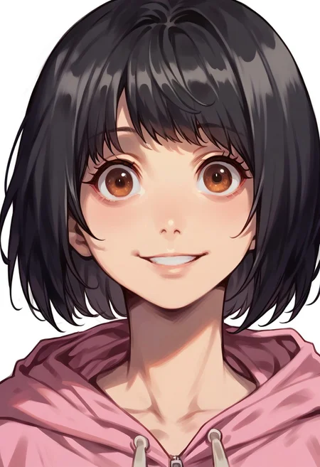 score_9, score_8_up, score_7_up, HC, sabr1na2, rating_safe, 1girl, solo, detailed eyes, detailed face, open eyes, brown eyes, medium breasts, black hair, bob haircut, medium hair, thin, short pink hoodie with hood and zipper, smile, close up, close-up, closeup, portrait, standing, looking at viewer, simple background, white background, masterpiece, best quality
