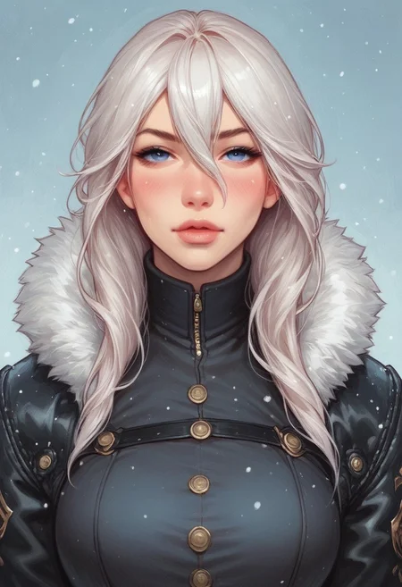(((front view)))
1 girl, portrait, winter jacket with fur hood, long hair, winter, snowfall, 1girl solo, white hair, looking at viewer, bangs, day, blue sky, hair between eyes, outdoors, blush dramatic lights, relax,
(((full-clothed))),
BREAK 
(outdoor background:1.9) score_9, score_8_up, score_7_up, score_6_up, source_cartoon, rating_explicit, Expressiveh, (((((upper body))))), dynamic pose