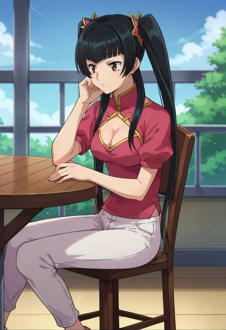 score_9,score_8_up,score_7_up,anime coloring BREAK source_anime,anime,<lora:Wang_Liu_Mei_Gundam_00_Pony:0.7>,liumei,1girl,solo,brown eyes,black hair,twintails,long hair,hair ornament,pink topwear,cleavage cutout,capri pants,white pants,bored,sitting,head rest,chair,table,veranda,sky,
