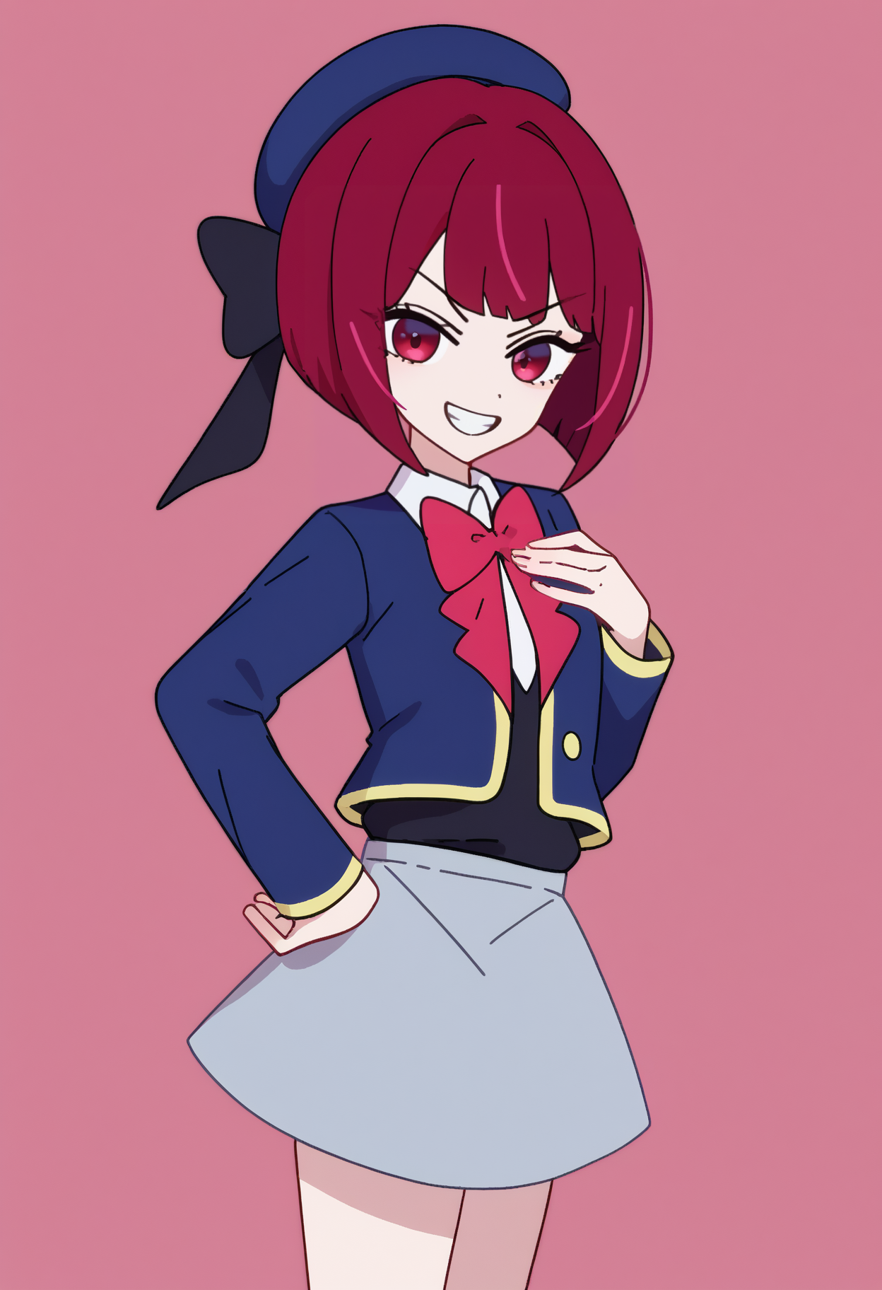 score_9, score_7_up, <break> simple background, solo, 1girl, kanaschool, grin, looking at you, standing, hand on own hip, hand on own chest, red hair, bob cut, inverted bob, blue headwear, beret, hat ribbon, hat bow, school uniform, blue jacket, cropped jacket, long sleeves, black vest, white shirt, collared shirt, pink bowtie, grey skirt
 <segment:yolo-face_yolov8m.pt,0.4,0.5//cid=1>