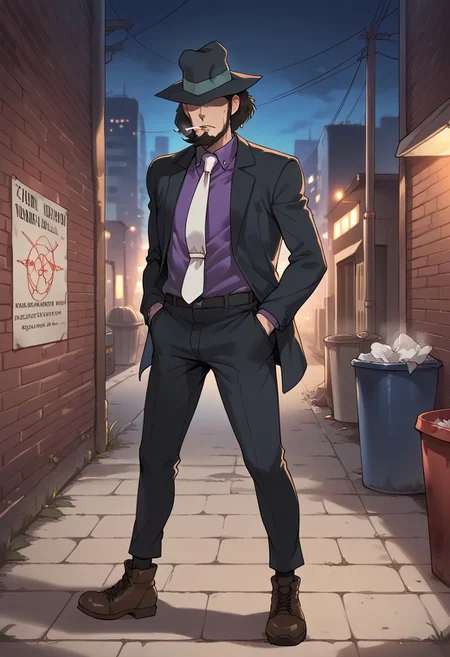 score_9, score_8_up, score_7_up, score_6_up, perfect anatomy, perfect proportions, best quality, masterpiece, high_resolution, high quality, best quality, best aesthetic, incredibly absurdres, highres, extremely detailed, huge filesize, male focus, solo male, adult, (mature, masculine, manly, virile, rugged, beefy, hunky, macho), handsome, charming, alluring, gay, bara, detailed face, rating_questionable, HD, BREAK Daisuke Jigeni, LP3Jigen, black hair, sideburns, facial hair, chinstrap beard, jawline beard, eyeless, hidden eyes, eyes in shadow, eyes hidden by shadows, fedora, LP3Jigen_outfit02, black suit, (purple shirt, purple collared shirt, white necktie, black blazer:1.3), black pants, black boots, BREAK holding weapon, holding gun, handgun, hand in pocket, aiming, full body, BREAK outdoor, dark environment, city, neon, night, closeup, dutch_angle, industrial pipe, industrial, trash can, night, alley, high walls, smoke, cigarette, cinematic, dynamic, cinematic still, emotional, harmonious, vignette, bokeh, cinemascope, moody, epic, gorgeous