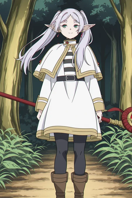 anime coloring, screencap, anime screencap, masterpiece, detailed face, 
in a forest, wildlife, plants,
 <lora:Frieren_Frieren_Beyond_Journeys_End_-_Illustrious_V2:1>
1girl solo, Elf, pointy ears, gray hair, long hair, parted bangs, twintails, green eyes, earrings, Frieren standard robe outfit, striped shirt, white capelet, robe, long sleeves, white dress, belt, black pantyhose, boots, brown footwear,
full body shot shot, holding a staff, girl looking at the viewer, smiling