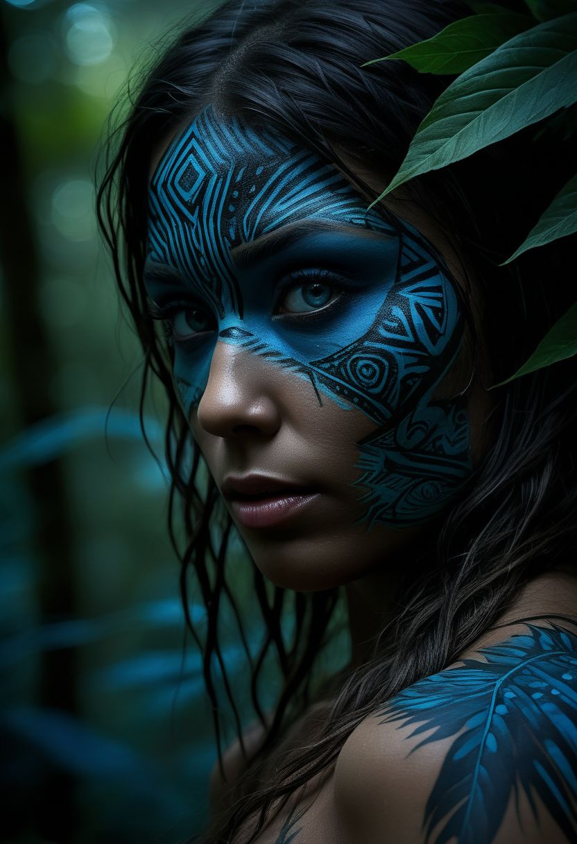 mysterious silhouette of a tribal woman, jungle, (blue warpaint over eyes only), goddess, alluring, by Minjae Lee, Carne Griffiths, Emily Kell, Steve McCurry, Geoffroy Thoorens, Aaron Horkey, Jordan Grimmer, Greg Rutkowski, amazing depth, double exposure, surreal, geometric patterns, intricately detailed, bokeh,  perfect balanced, deep fine borders, artistic photorealism , smooth,  great masterwork by head of prompt engineering   <lora:add-detail-xl:2>  <lora:Double_Exposure:0.5>