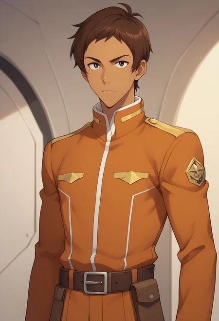 score_9, score_8_up, score_7_up, source_anime, highly detailed, 
lance, 1boy, solo, male focus, brown hair, short hair, dark skin, dark-skinned male, uniform, military uniform, orange uniform, belt, upper body, black eyes,
indoor, aerospace base