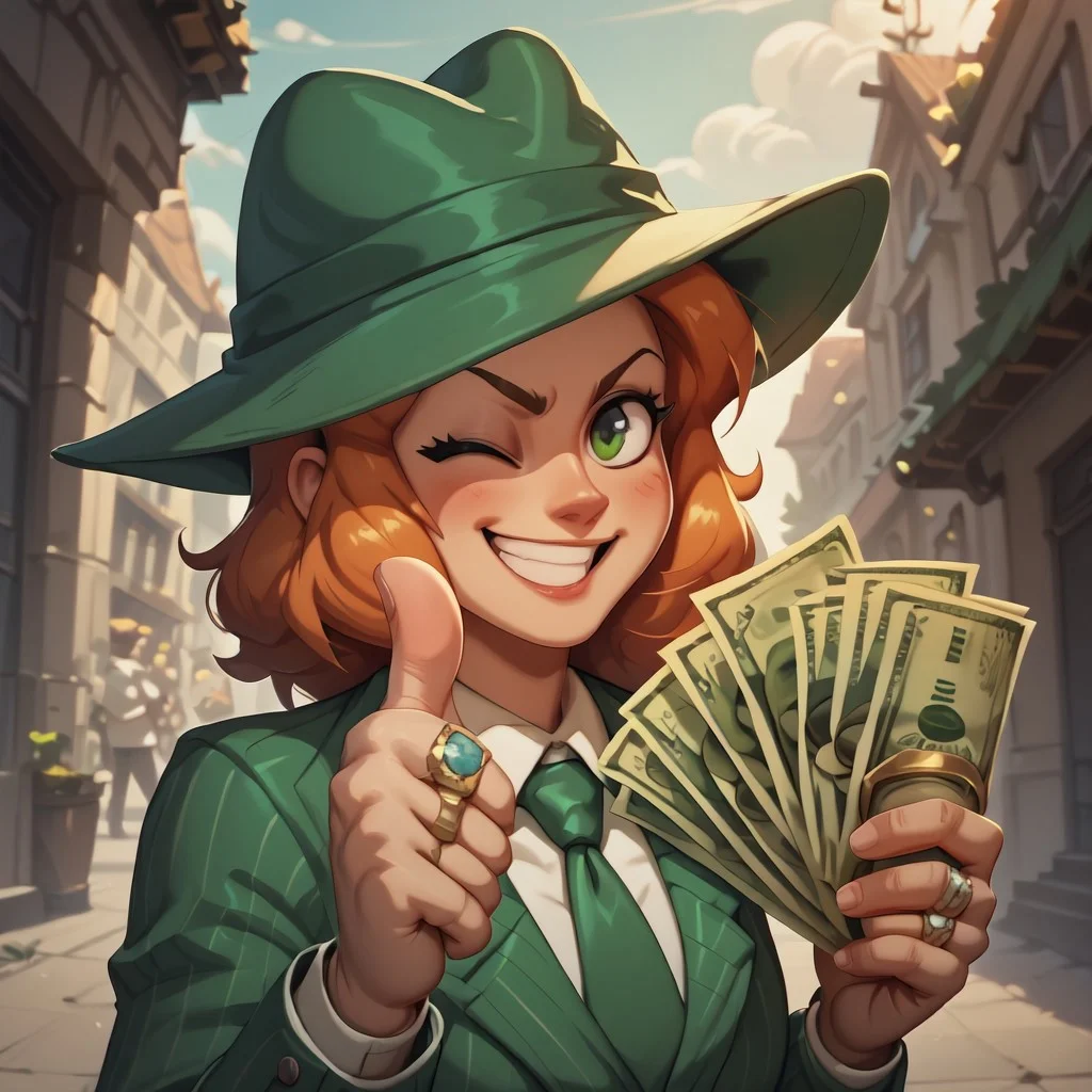 score_9, score_8_up, score_8. score_9, score_8_up, score_7_up, masterpiece, 4k, high quality, (best quality:1.1),anime, semi realistic, thumbs up, one eye closed, grin, smile, money, holding money, portrait, need_buzz, holding sign, gangstersb, ring, formal, hat, green headwear, necktie, suit, striped, looking at viewer
