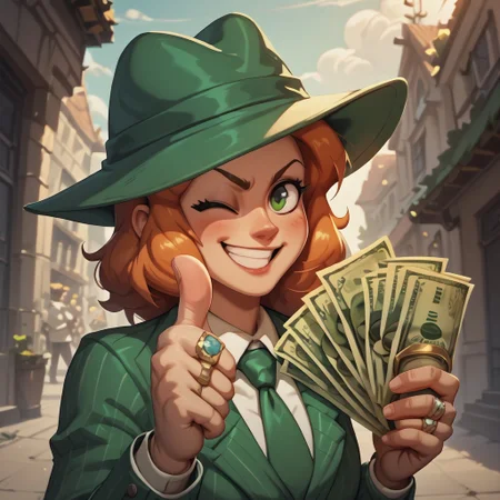 score_9, score_8_up, score_8. score_9, score_8_up, score_7_up, masterpiece, 4k, high quality, (best quality:1.1),anime, semi realistic, thumbs up, one eye closed, grin, smile, money, holding money, portrait, need_buzz, holding sign, gangstersb, ring, formal, hat, green headwear, necktie, suit, striped, looking at viewer
