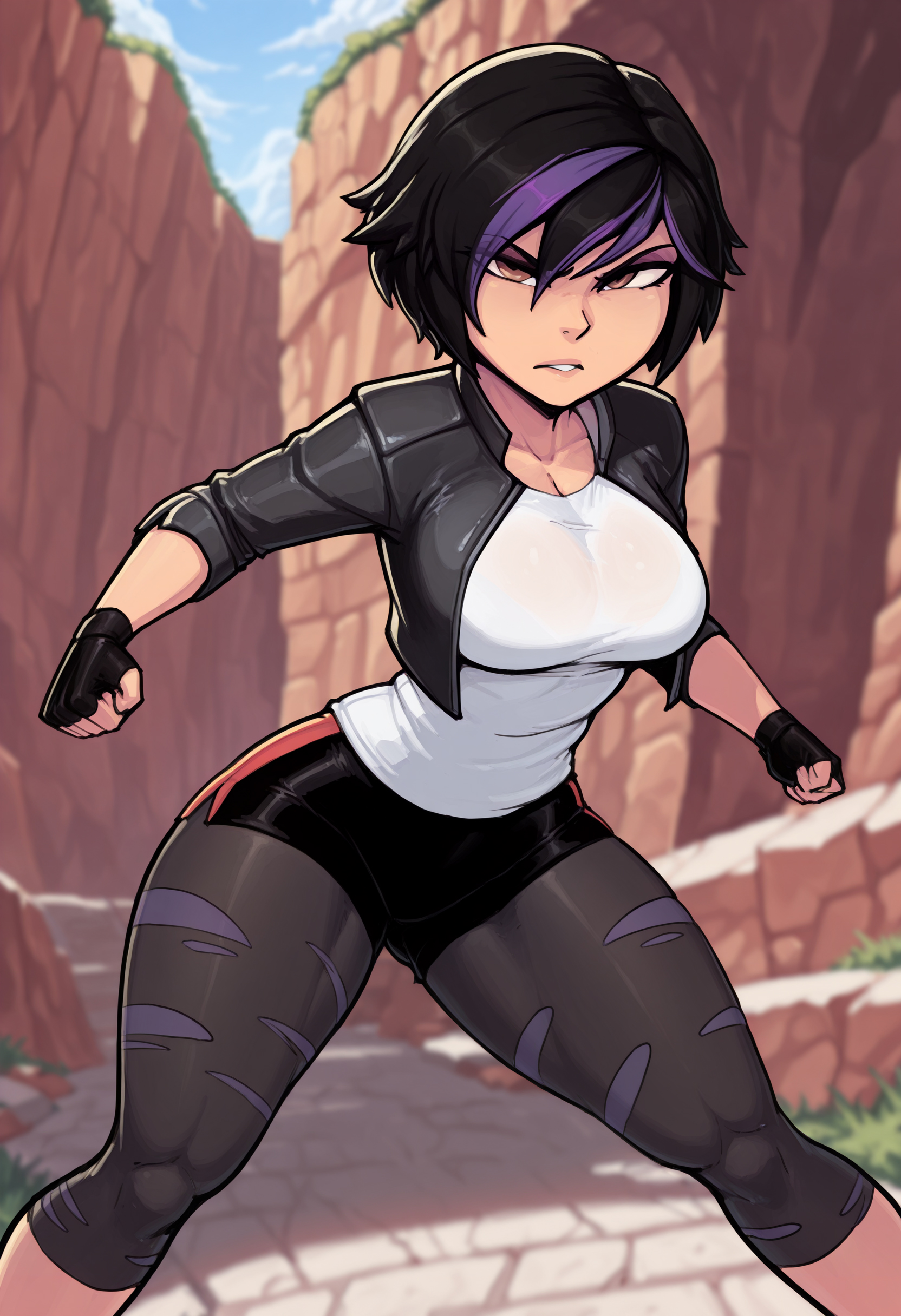 masterpiece,best quality,namxob,depth of field, blurry background, cliff, sheer drop, panoramic view, breathtaking,1girl, solo, GogoBH, white shirt, black leather jacket, cropped_jacket, short_hair, black_hair, dyed_bangs, purple bangs, brown_eyes, large_breasts, looking_at_viewer, bike_shorts, purple_leggings, black_pantyhose, ripped pantyhose, fingerless_gloves, Jumping with legs apart,