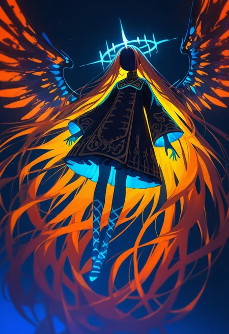 nlstn, glowing, 1girl, absurdly long hair, multi tieded hair, angle wings, blue hue, orange hair