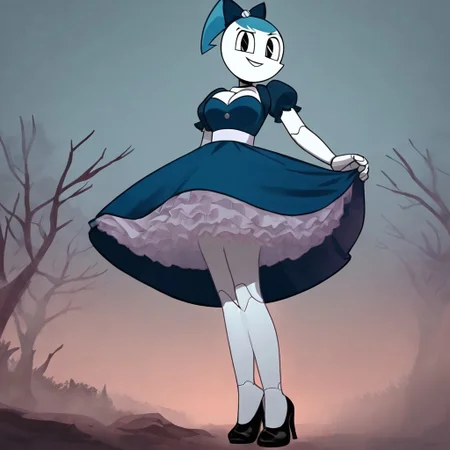 (Masterpiece, best quality:1.2), score_9, score_8_up, flat color, flat shading, soft shading, lighting, Jenny Wakeman as an adult, (((in a 1950's full length formal dark blue dress, a white belt, a fluffy frilly ruffled full white petticoat, and black high heels))), dress, layered petticoat, frilly petticoat, fluffy petticoat, full petticoat, detailed petticoat, wide skirt, detailed outfit, flowing skirt, (((long dress))), (((solid dark blue colored dress, black high heels))), blue hair, series accurate, cute, best high quality, high res, robot, humanoid robot, (((giant breasts, cleavage))), whole body shot, 1girl, (((solo, outside, in a dark creepy forest, at night, heavy fog surrounding her, fog, heavy fog, looking at you, low angle))), (((evil, evil smile, determined evil eyes, posing gracefully and evilly))), (((ominous dress and petticoat tug))), (((devious curtsey))), low angle shot, cartoon, cartoon style, vector, solo, circle dress, 1950s, dance dress jenny, jenny wakeman, 1girl, solo, robot joints, black eyes, white skin, ponytail, hair bow, blue rose chest corsage, poofy dress, blue hair, flat lighting,