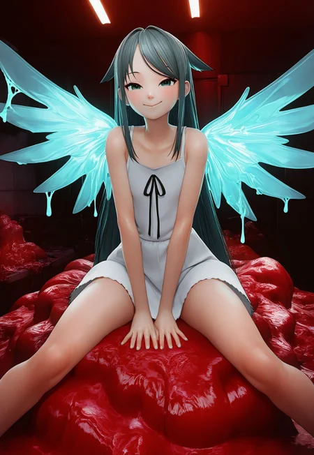 1girl, slender body, masterpiece, best quality, amazing quality, glowing red glue meat room (environment), soft glowing teal-green glue background,(atmosphere), green glue, absurdres, best quality, 4k, upscale, Saya, 1girl, solo, long hair, green eyes, dress, wings, sundress, smile, very long hair, white dress, green hair, ribbon, bare shoulders, hair flaps, looking at viewer, sleeveless, pose, rating_safe, <lora:Saya_IL:0.8>, extreme detail, (slime (substance):1.5),<lora:jiaoshui_pony:1.5>, red meat room, growing flora, red glue room, cowered in glue, veiny glue, red glue walls, sitting, very beautiful green wings, rotten glue room, saya no uta aesthetic, 3d,
, x3d, blender, <lora:x3d V2 Locon NoobAI Epsilon dec0.05 tagdrop01_1:1> <lora:3DStyle Locon NoobAI EPSILON 1224 V4 RealisticCartoon3D dec0.05 tagdrop01:0.6>