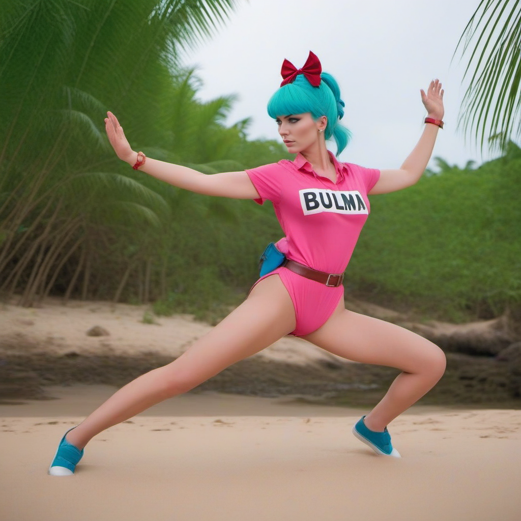 cinematic photo a woman with blue hair wears a pink shirt and pink shorts, red bow, text ''BULMA'', beach, jungle  <lora:Bulma1024:0.8> . 35mm photograph, film, bokeh, professional, 4k, highly detailed
