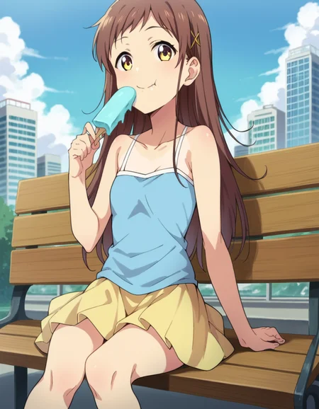 score_9, score_8_up, score_7_up, source_anime,
chiesayama, <lora:chie-sayama-ponyxl-lora-nochekaiser:1>
chie sayama, brown hair, yellow eyes, hair ornament, hairclip,
camisole, blue camisole, bare shoulders, collarbone, skirt, yellow skirt,
outdoors, cityscape, eating, smile, ice cream, sitting, bench,
looking at viewer, dutch angle, cowboy shot,