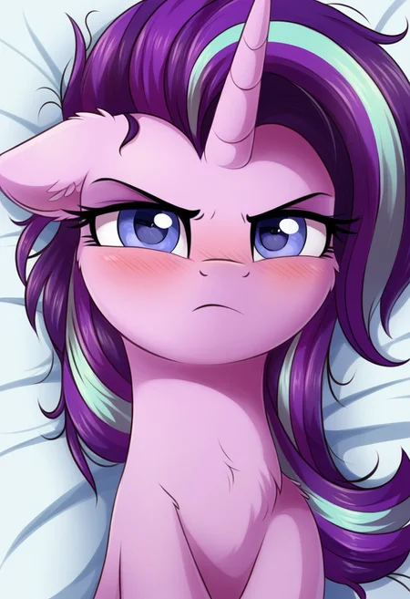 score_9, score_8_up, score_7_up, score_6_up, score_5_up, score_4_up, g4, solo, pony, feral pony, female, starlight glimmer, angry, floppy ears, frown, glare, messy mane, serious, serious face, wingding eyes, bed, on back, look at you, blushing, cute, glare, high res, face, portrait, bust