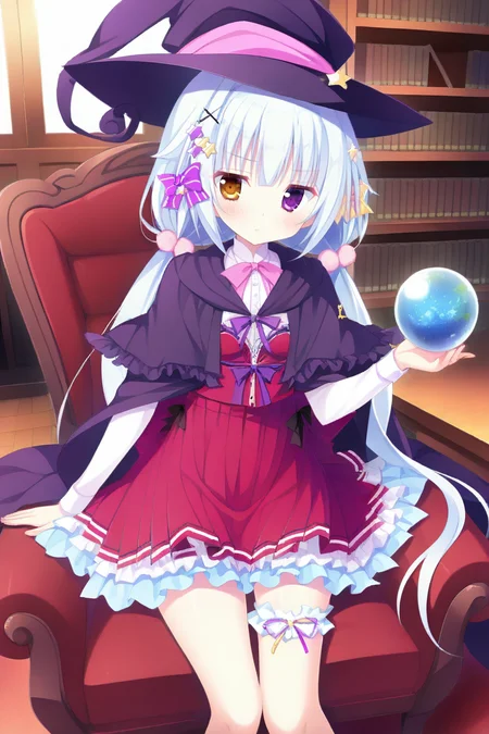 masterpiece,best quality,amazing quality,highres,scenery,newest,1girl,official style,mashiro,hair ornament,bangs,bow,hair bow,star \(symbol\),x hair ornament,purple eyes,purple bow,striped,striped bow,long hair,blue hair,ahoge,heterochromia,brown eyes,mashiro school,frills,long sleeves,skirt,frilled capelet,x hair ornament,capelet,hair bow,pink bow,striped bow,frilled skirt,shirt,bridal garter,pleated skirt,striped,white shirt,twintails,red skirt,<lora:heart in love-mashiro-V2:1>,witch hat,black cape,
indoors,library,looking at viewer,serious,sitting,crystal ball,upper body,sitting on chair,