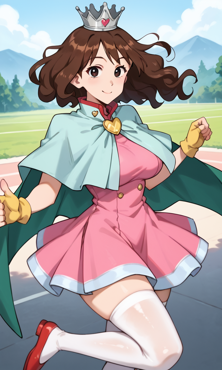 (1girl:1.5), (solo:1.3), (score_9, score_8_up, score_7_up, score_6_up, score_5_up, score_4_up), (source_anime), rating_questionable, looking at viewer, (upper body:1.3), outdoors, blue sky, smile, 
 (nohara-misae), (black eyes, brown hair, medium hair, perm hair, voluminous hair, fluffy hair, parody hair), (large breasts, wide hips, thick thighs), <lora:nohara-misae-onsen_v1:0.8> (silver crown, light blue capelet:1.3), (pink dress, pleated dress, tutu, layered clothes, green capelet, green split cape, yellow heart brooch, yellow fingerless gloves, white thighhighs, red footwear),
dancing,