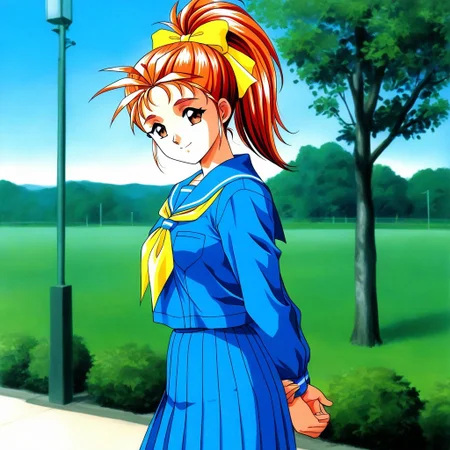 general,highres, ultra-detailed,very aesthetic,masterpiece, best quality, 1990s (style), 1girl, solo,
Saotome_Yumi, brown eyes, orange hair, hair bow, high ponytail, long hair, small breasts,
yellow neckerchief,
school uniform, blue serafuku, blue skirt, Yellow bow, arms behind back, sailor collar, blue sailor collar, smile, long sleeves, pleated skirt, outdoor, tree, sky,closed mouth, standing, from side, looking at viewer, portrait,
