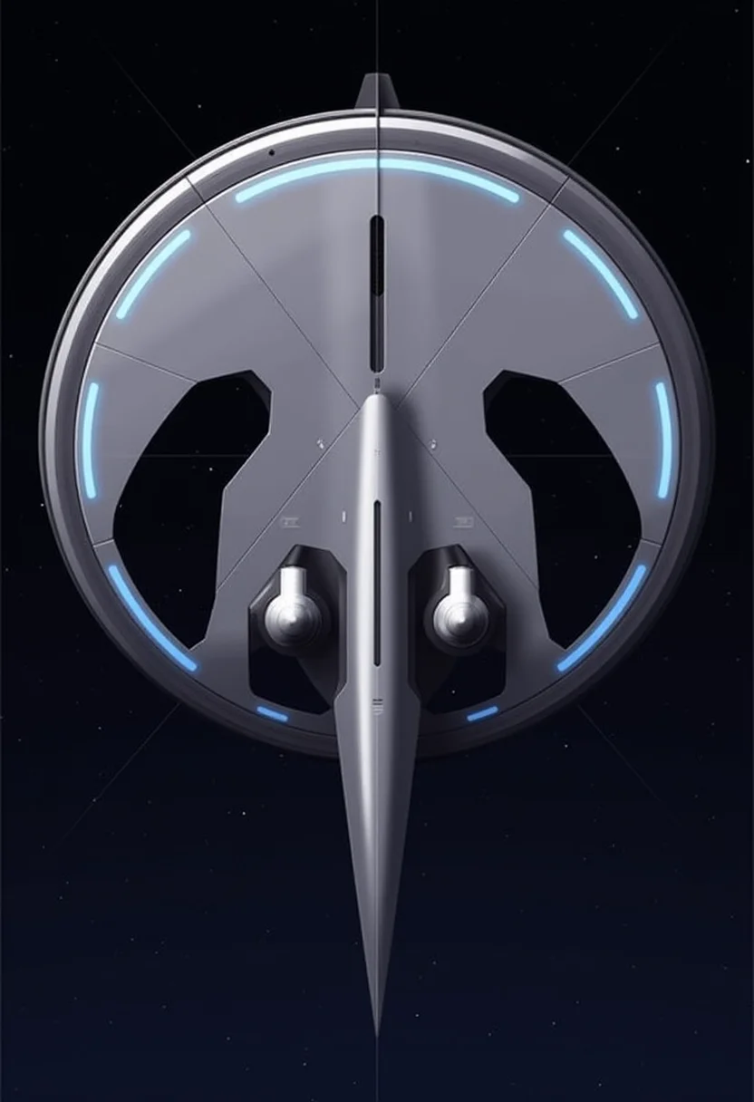 yfg-srs A rounded spaceship, sleek and futuristic, its surface gleaming with a smooth metallic finish. The vessel is a harmonious blend of curves and domes, with glowing blue lights tracing its circular edges. Small, orb-like modules protrude symmetrically, functioning as observation decks or control points. It hovers silently in the vastness of space, stars shimmering faintly in the background.