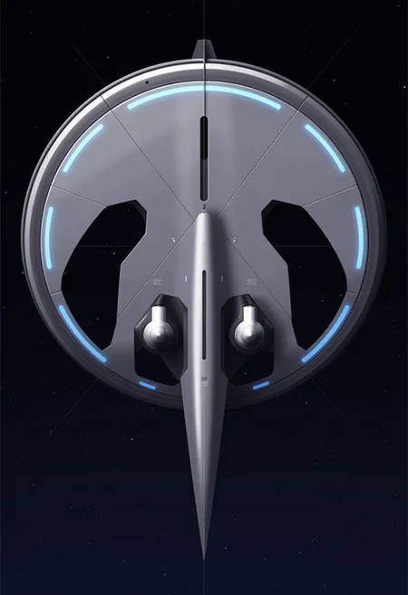 yfg-srs A rounded spaceship, sleek and futuristic, its surface gleaming with a smooth metallic finish. The vessel is a harmonious blend of curves and domes, with glowing blue lights tracing its circular edges. Small, orb-like modules protrude symmetrically, functioning as observation decks or control points. It hovers silently in the vastness of space, stars shimmering faintly in the background.