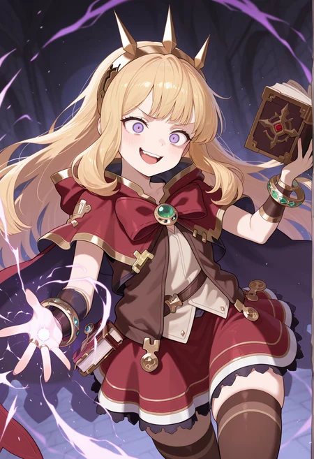 1girl, solo,  long hair, blonde hair, purple eyes, spiked hair ornament, white shrirt, brown vest, chest ribbon, brooch, wristband, bracelet, red cape, red skirt, brown thighhighs, casting spell, holding book, open mouth, magic, evil smile, upper teeth only, <lora:Cagliostro_illus:1>, masterpiece, best quality, amazing quality, very aesthetic, absurdres, highres, newest