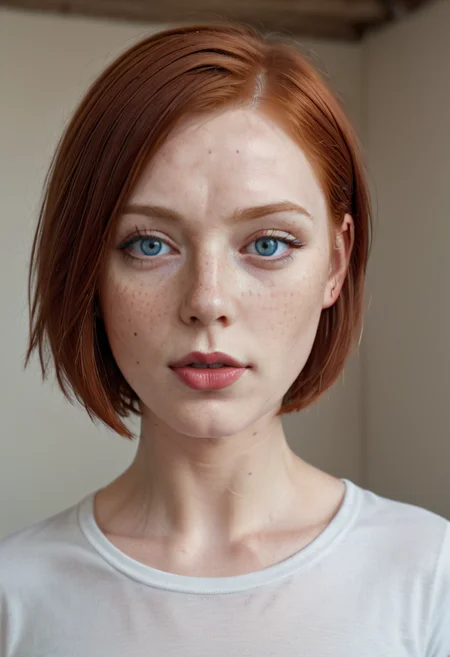 <lora:AlienorXL:0.8> AlienorXL, 1girl, redhair in short bob cut, blue eyes, freckles ,((best portrait)), ((head raised)),  ((pale skin)), ((lipstick))
((plain t-shirt)), (masterpiece, best quality), intricate details, realistic, photorealistic,  flawless structure, masterpiece, (portrait), natural skin, oiled skin, subsurface scattering, shot with cinematic camera, soft lighting, high quality, best quality, masterpiece, best picture, sexy, lovely, stunning