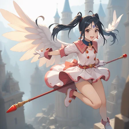 20yo, score_9,score_8_up,score_7_up,score_6_up, shiny oild skin,
Skuld, open mouth, gloves, twintails, jewelry, full body, :d, earrings, white gloves, magical girl, staff, wand, castle night jumping dynamic poses On the roof upper body, gigantic angel wings,
<lora:Skuld:0.85> <lora:zy_Detailed_Backgrounds_v1:2>