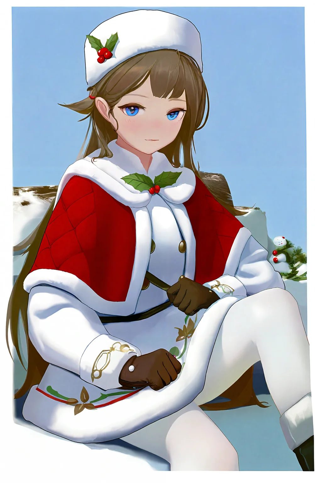 1girl, solo, looking_at_viewer, blue_eyes, long_sleeves, gloves, dress, hat, sitting, pantyhose, white_dress, fur_trim, capelet, white_pantyhose, brown_gloves, fur-trimmed_capelet, snowman