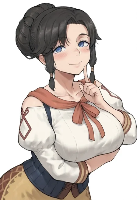 miostout, big breasts, masterpiece, best quality, amazing quality, very aesthetic, absurdres, highres, newest, (white background), (from side:0.3), smile, blush, looking at viewer, shushing, arm under breasts, leaning forward, upper body,