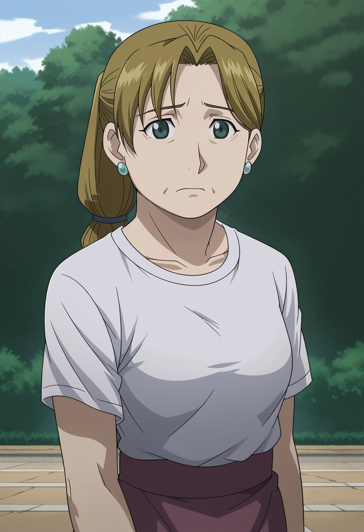<lora:Mrs._Bradley-Fullmetal_Alchemist:0.85>,fma,mature female,1girl,solo,blonde hair,green eyes,ponytail,earrings,t-shirt,skirt,looking at viewer,outdoors,worried,