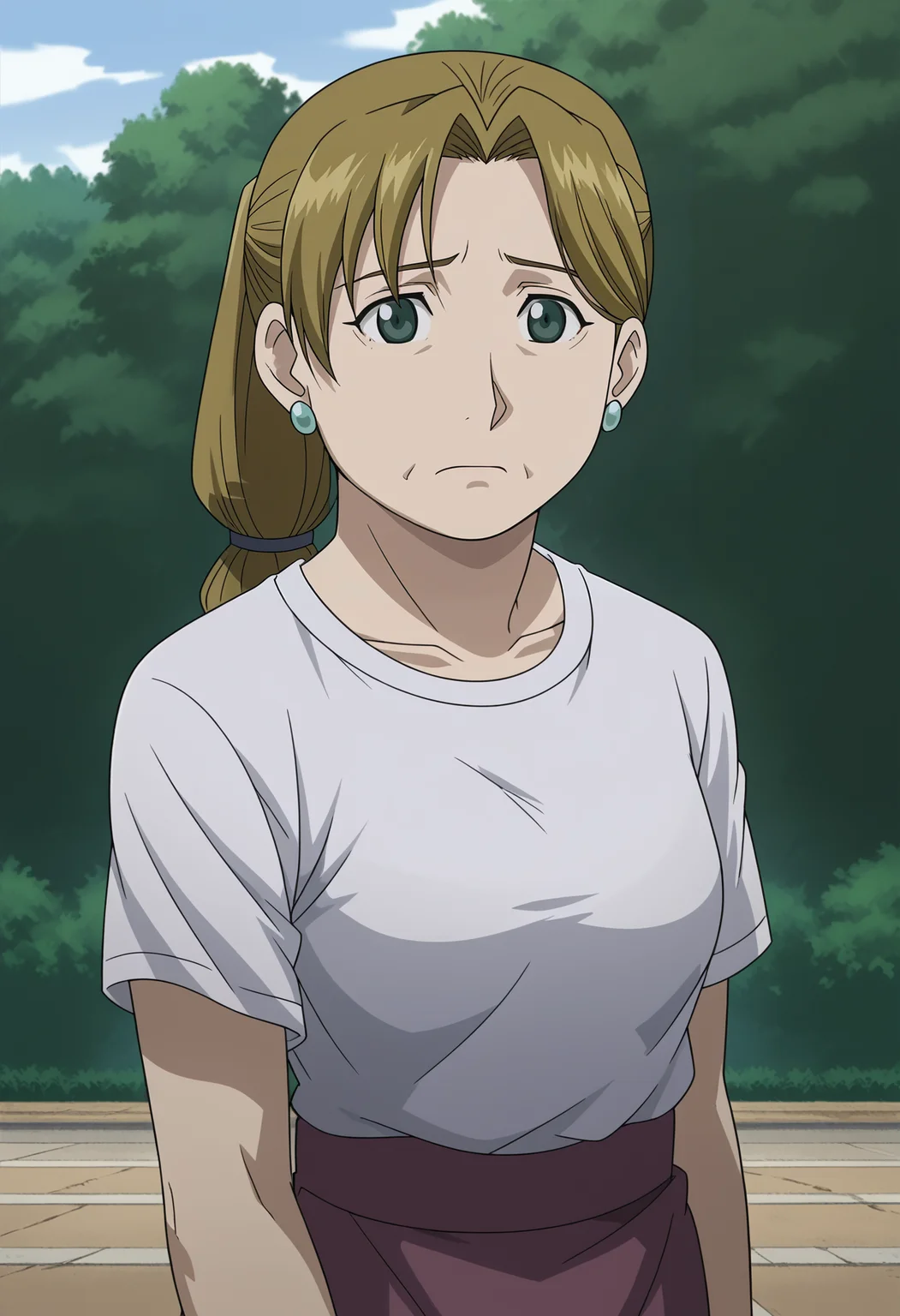 <lora:Mrs._Bradley-Fullmetal_Alchemist:0.85>,fma,mature female,1girl,solo,blonde hair,green eyes,ponytail,earrings,t-shirt,skirt,looking at viewer,outdoors,worried,