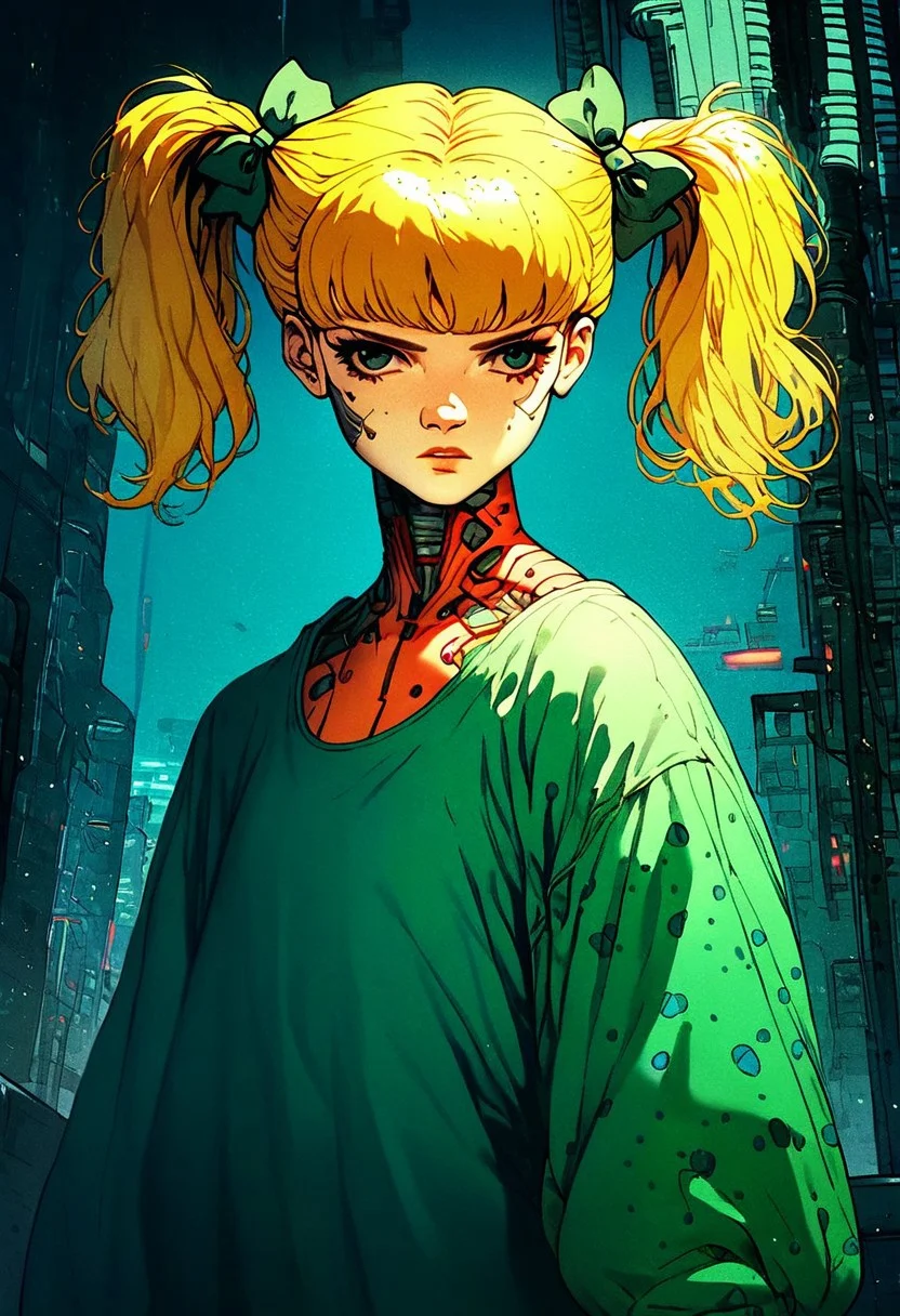 score_9, score_8, score_7, 1girl, solo, blonde hair, twintails, dress, hair bow, polka dot leggings, knva, halftone effect, cyberpunk, cyborg, adult woman,