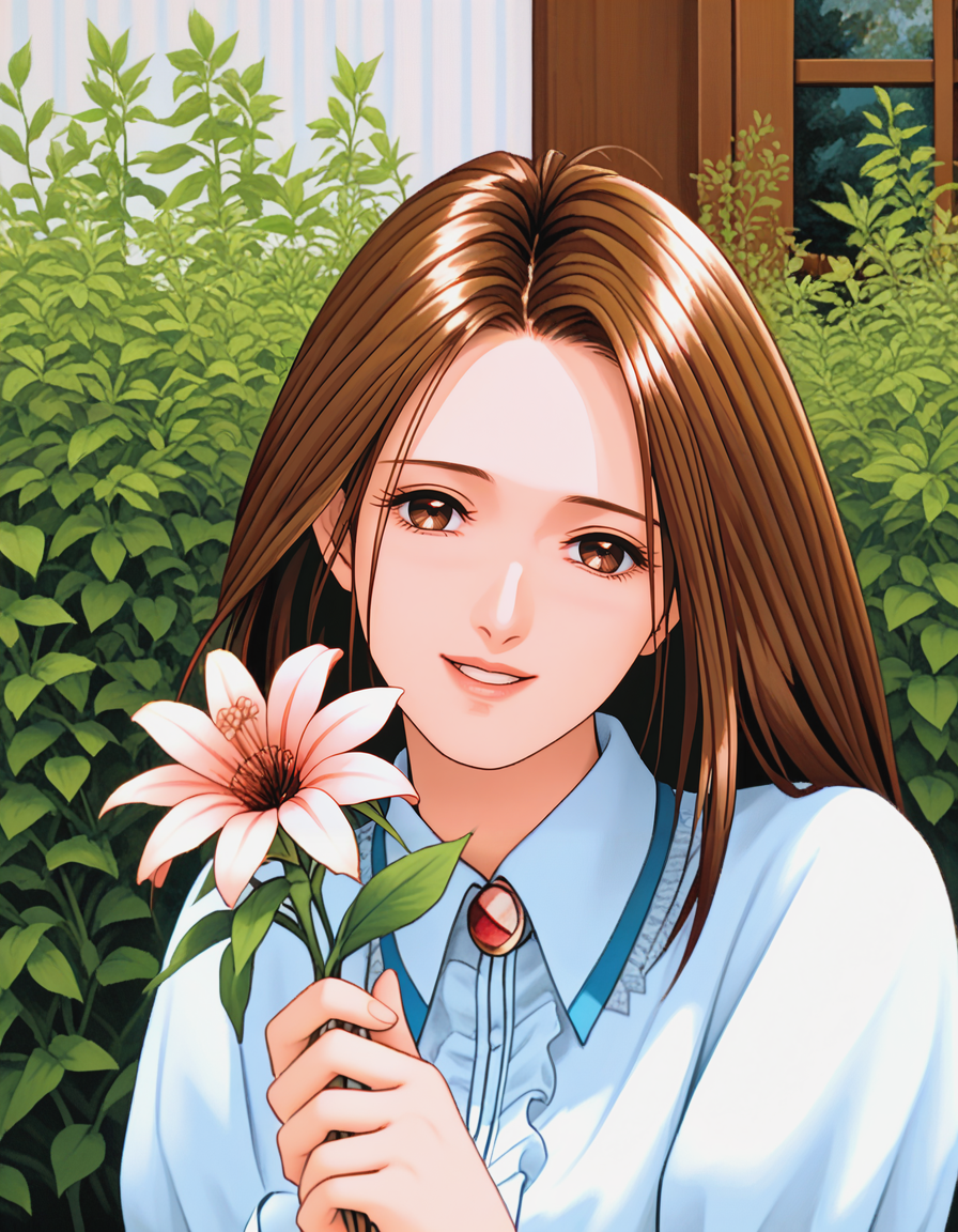score_9, score_8_up, score_7_up, source_anime, masterpiece, high quality, 1girl,
 <lora:ShirakawaReiko_Pony_v01:1> shirakawareiko, brown hair, brown eyes, hand in own hair, parted lips, smile, head tilt, flowers, holding flower,